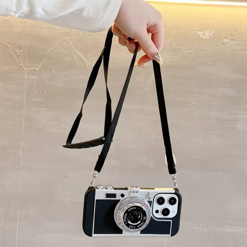 K22609 レトロカメラデザインストラップ付きiPhoneケース | nanomita