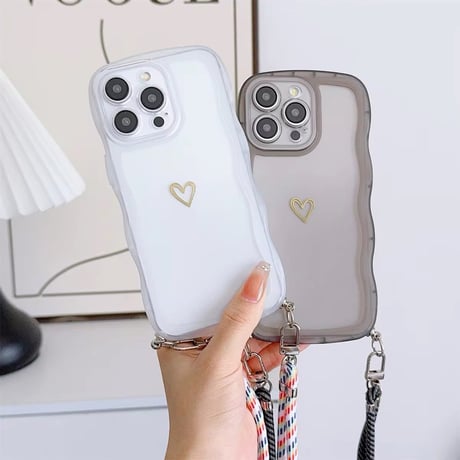 【即納商品】K22580 ハートワンポイント ストラップ付きクリアiPhoneケース