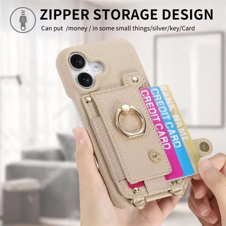 K23011 ストラップ付き カード収納リングレザーiPhoneケース