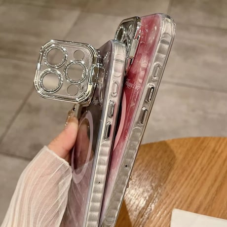 K22795 パールマーブルのカメラフレームスタンド付きMagSafe対応iPhoneケース