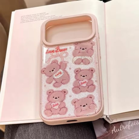 S75204 くまちゃん総柄 ピンクiPhoneケース