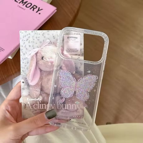 L62445 きらめきバタフライストラップ付きクリアiPhoneケース