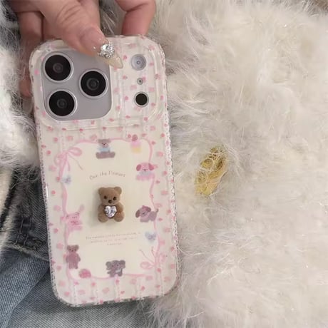 S75371 くまちゃん付き 小花リボンiPhoneケース