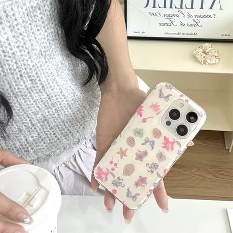 S74806 ピンク貝がらとチェリーのガーリーiPhoneケース