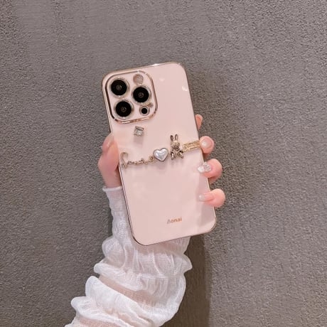 S74640 きらきらハートとうさぎのビジューiPhoneケース