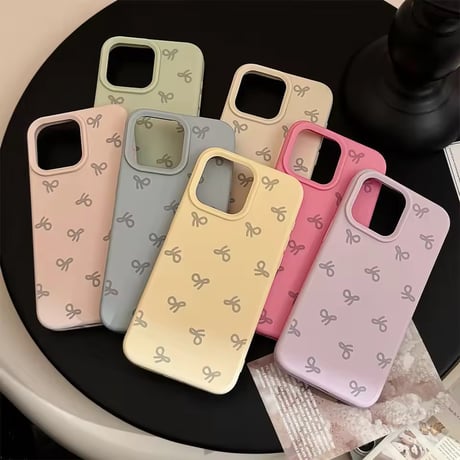 S75368 くすみリボン総柄 iPhoneケース