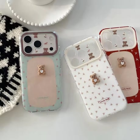 K23049 くすみフラワーベアiPhoneケース（ハンドストラップ付き）