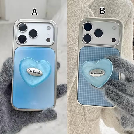 K22981 ハートグリップのくすみブルー iPhoneケース