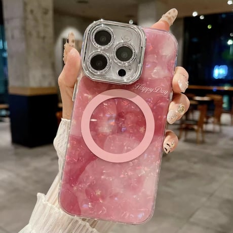 K22795 パールマーブルのカメラフレームスタンド付きMagSafe対応iPhoneケース