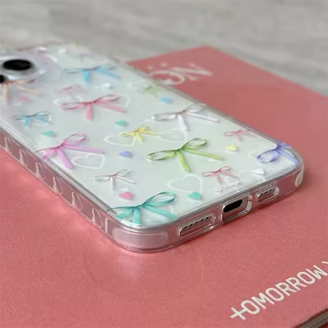 L62225 カラフルリボンとハートのビーズストラップ付きiPhoneケース