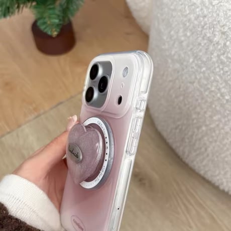 K23013 MagSafe対応 ハートグリップ付き くすみピンククリア iPhoneケース