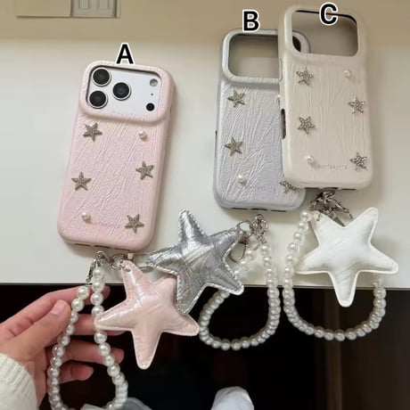 K23026 スター装飾 パールチャーム付きiPhoneケース