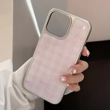 S74672 ピンクリボンのギンガムiPhoneケース