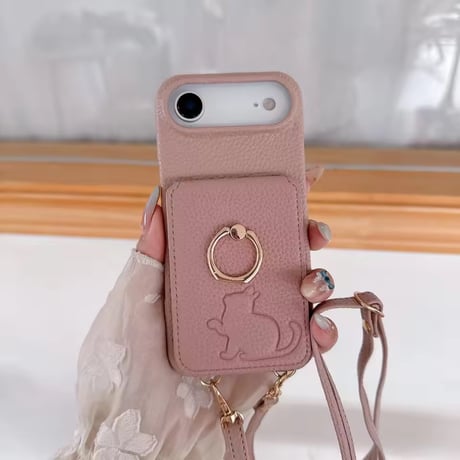 K22961 ねこモチーフ ミラー＆カードポケット付き iPhoneケース（ストラップ付き）