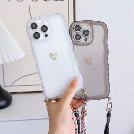 K22580 ハートワンポイント ストラップ付きクリアiPhoneケース