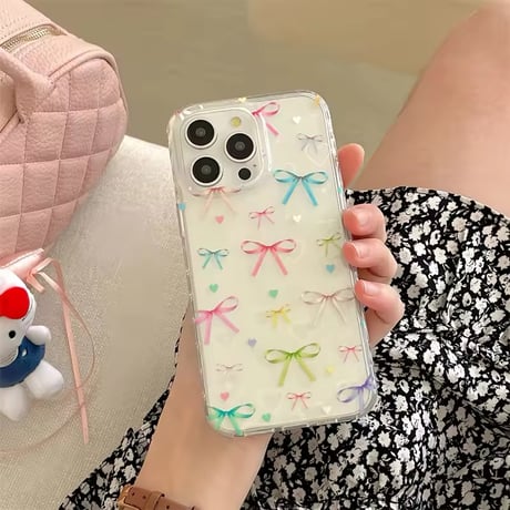 L62225 カラフルリボンとハートのビーズストラップ付きiPhoneケース