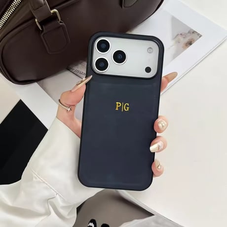 S75238 ゴールドロゴ名入れレザー風 iPhoneケース