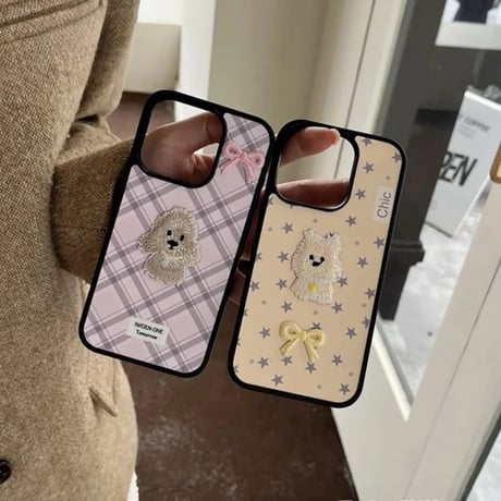 S74552 もこもこドッグ刺繍風iPhoneケース