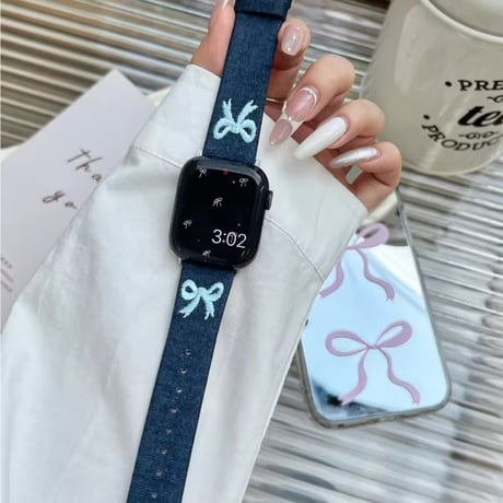 N00151 リボン刺繍デニム Apple Watchバンド