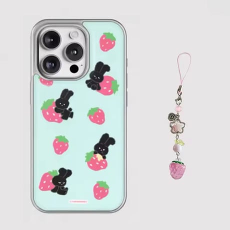S75230 いちご×うさぎ柄 クリアiPhoneケース（ストラップ付きあり）