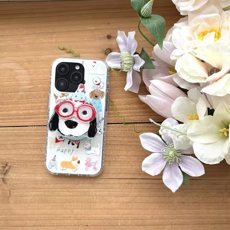 K23070 わんちゃんイラストMagSafeグリップ付きiPhoneケース