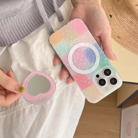 K22777 シャボンカラーパステルハートミラースタンド付きiPhoneケース