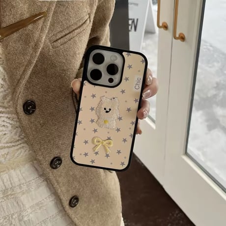 S74552 もこもこドッグ刺繍風iPhoneケース