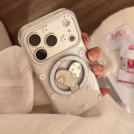 K23081 フラワーハートMagSafeグリップ付きクリアiPhoneケース