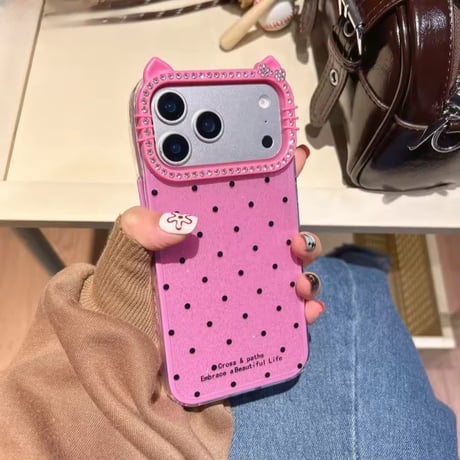 S75275 猫耳ビジューフレームドットiPhoneケース