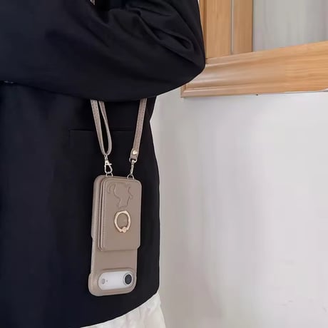 K22961 ねこモチーフ ミラー＆カードポケット付き iPhoneケース（ストラップ付き）
