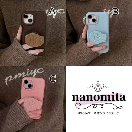K22692 たい焼きグリップ付きレザー風iPhoneケース