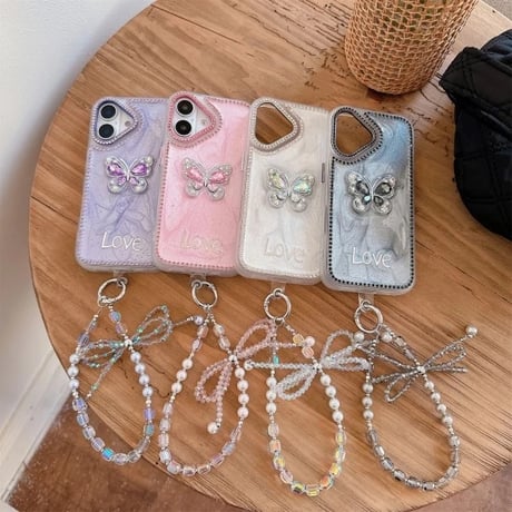 K22755 きらめきバタフライ×ビジューストラップ iPhoneケース