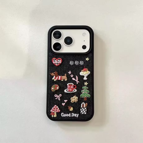 K23019 デニム刺繍モチーフ iPhoneケース
