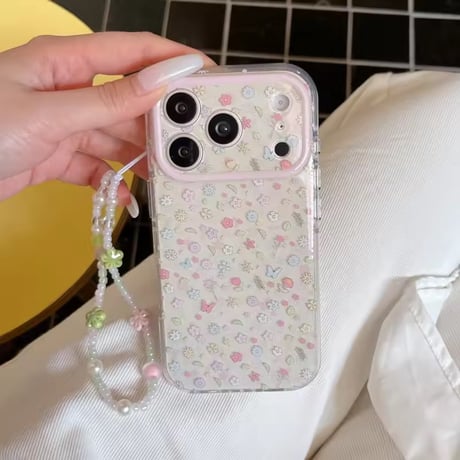 S75500 小花とビーズストラップのiPhoneケース