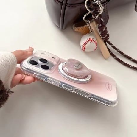 K23013 MagSafe対応 ハートグリップ付き くすみピンククリア iPhoneケース