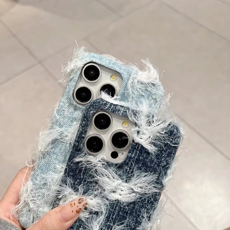 S74195 ダメージデニム風ふわもこ iPhoneケース
