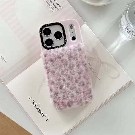 S75223 ふわもこヒョウ柄ファーiPhoneケース