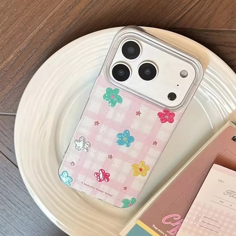 S75643 カラフルフラワーチェックiPhoneケース