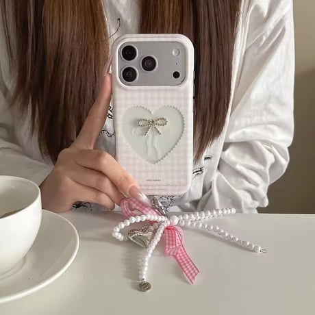 S75671 ギンガムハートリボンチャーム付き iPhoneケース