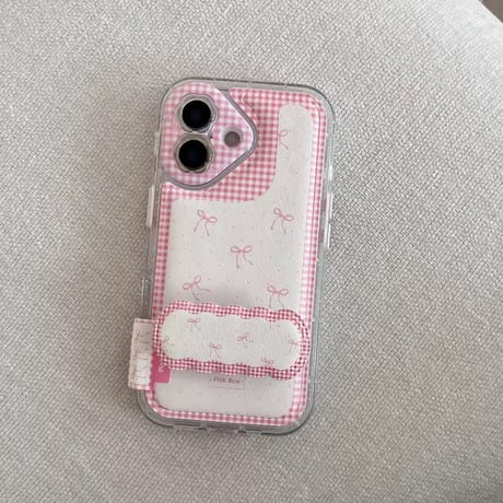 K23123 ピンクリボンチェック スタンドiPhoneケース
