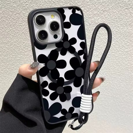K23138 モノクロフラワー ストラップ付きiPhoneケース