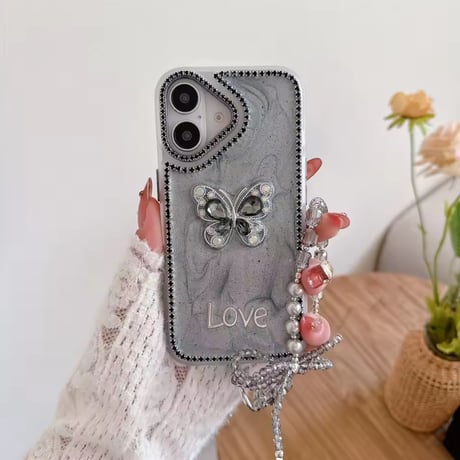 K22755 きらめきバタフライ×ビジューストラップ iPhoneケース