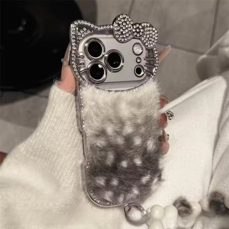 K23006 ビジューリボン もこもこファー iPhoneケース
