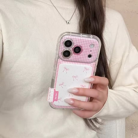 K23123 ピンクリボンチェック スタンドiPhoneケース