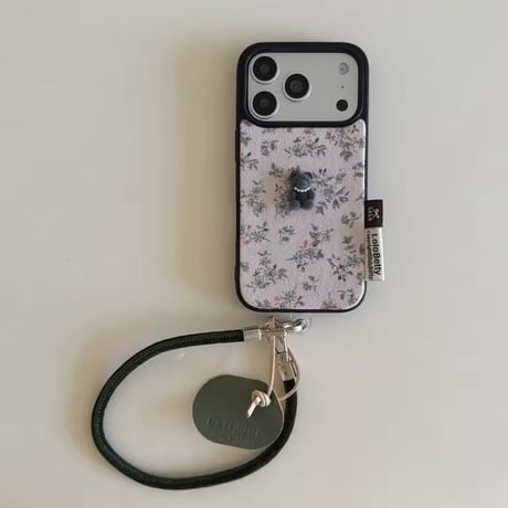 K23047 くすみ小花ベア ストラップ付きiPhoneケース