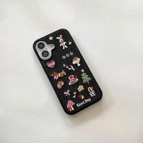 K23019 デニム刺繍モチーフ iPhoneケース