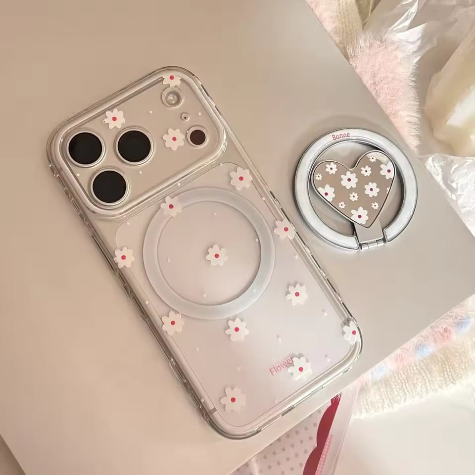 K23081 フラワーハートMagSafeグリップ付きクリアiPhoneケース | nanomita