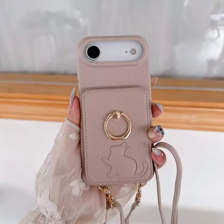 K22961 ねこモチーフ ミラー＆カードポケット付き iPhoneケース（ストラップ付き）