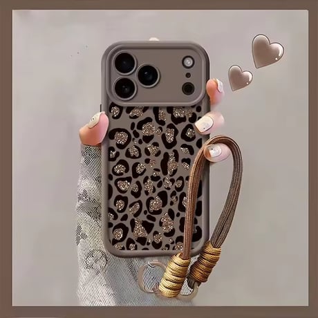 K23050 グリッターレオパード ストラップ付きiPhoneケース