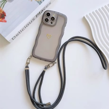 【即納商品】K22580 ハートワンポイント ストラップ付きクリアiPhoneケース